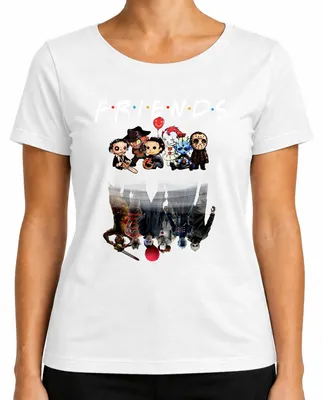 Productafbeelding van Vrienden. Horror iconen. T-shirt voor dames, met afbeeldingen van Pennywise, Michael Myers, Jason Voorhees, Freddy Krueger en Pinhead. Wit, maat S
