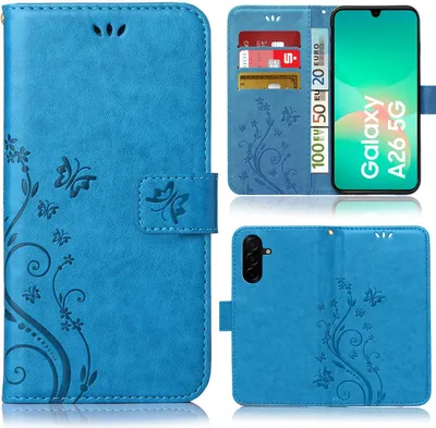 Produktbild von Handytasche für Samsung Galaxy A26 5G Schutz Hülle Handyhülle mit Blumenmuster Klapp Hülle mit Standfunktion und Kartenfächer Farbe: Blau