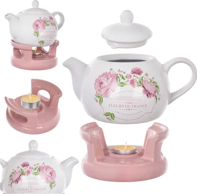 Produktbild von KADAX Teekanne 1L mit Stövchen Set, Kaffeekanne aus Porzellan mit Deckel, Griff und Teestövchen, Kanne mit Teelicht Wärmer für Tee, Teeservice (Rosa/Weiß)