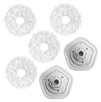 A set of white mop pads and two white mop head attachments are arranged on a white background.