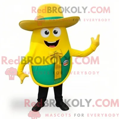 Immagine prodotto di Personaggio in costume mascotte REDBROKOLY giallo Fajitas vestito con un abito e spille per cappello