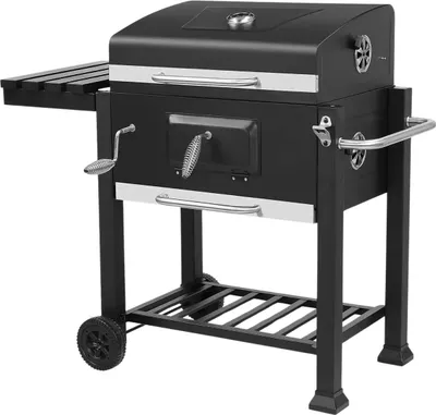 Image de Barbecue au charbon de bois sur roulettes – Pour 5 à 10 personnes – Chariot barbecue XXL – Avec couvercle, 3 grilles et plaque à charbon réglable – Pour le jardin et le camping