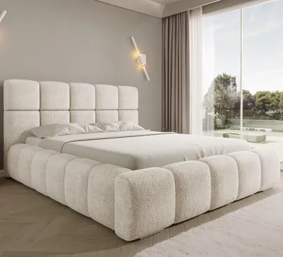 Zdjęcie produktu dla Łóżko tapicerowane Asti 140×200 – tkanina Boucle, biały – z pojemnikiem i podnoszonym stelażem – nowoczesne, designerskie