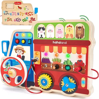 Productafbeelding van Baby Montessori Speelgoed Busy Board - Houten activiteitenbord met 9 schakelaars - 11 leds - Dieren - Fruit - Muziek - Stuurwiel