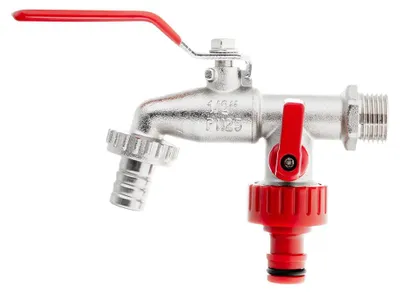 Produktbild von Garronda Doppelhahn Set 1/2 Zoll mit 2x 3/4 Zoll Ausgang Schlauchanschluss 1/2 Zoll und Nippel für Schnellkupplung Wasserverteiler für Gartenbewässerung und Tanks GD-0214