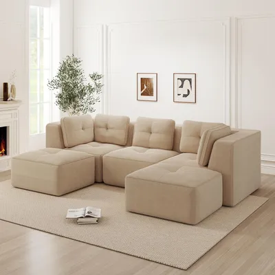 Produktbild von U-förmiges Ecksofa aus Cord, knochenlos, modular mit Ottomane, dreisitzig, tiefe Sitzfläche, für Wohnzimmer, montagefrei