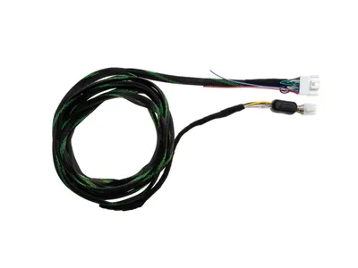 A coiled black and green cable with white and gray connectors on a white background.