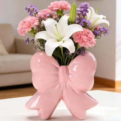 Immagine prodotto di Vaso in Vetroceramica rosa con fiocco, stile vintage, 25 cm, ideale per fiori secchi