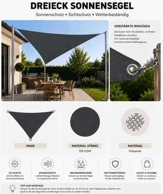 Produktbild von Sonnensegel Dreieck 3m, 3,6m oder 5m Kantenlänge | Wasserabweisend & UV-Schutz | für Balkon, Terrasse & Garten | verstärkte Ösen | 5m, Anthrazit
