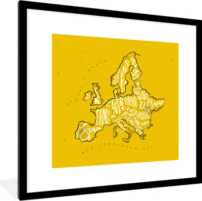 Produktbild von MuchoWow® MuchoWow® Gerahmtes Poster Karte - Europa - Gelb - Weiß 40x40 cm - Poster mit zchwarzem Bilderrahmen - Poster - Plakat im Rahmen