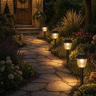 Produktbild von LED Solar Wegleuchten - Gartenleuchten mit Erdspieß - H: 31,5cm - Lichtsensor - 4er Set