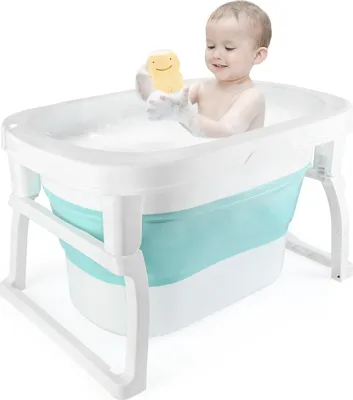 Produktbild von Baby Badewanne faltbare Babybadewanne mit Hocker Rutschfeste Badebecken Duschwanne für Neugeborene Blau