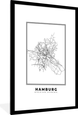 Produktbild von MuchoWow® Gerahmtes Poster Deutschland - Hamburg - Stadtplan - Karte - Schwarz-Weiß - Karte 60x90 cm - Poster mit Schwarzem Bilderrahmen Wandposter Rahmen Foto Bilder - Dekoration - Wandposter Wohnzimmer - Hochwertig