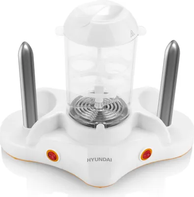 A white Hyundai hotdog maker with a clear plastic chamber and silver skewers.