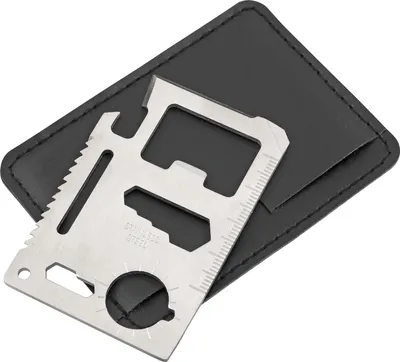 A multi-tool card made of stainless steel is placed on a black leather pouch.