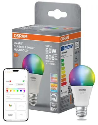 Produktbild von Osram SMART+ Matter LED-Lampe A60 Kolbenform 9W E27 RGBW, dimmbar, steuerbar per App & Sprache, kompatibel mit Alexa, Google, Apple, WiFi