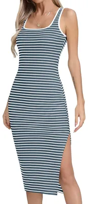 Image de Solidchoice - Robe d'été midi fendue - Bleue à rayures