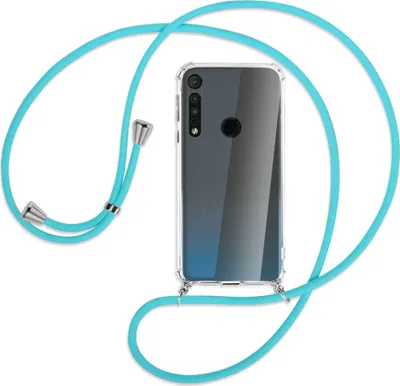 Produktbild von Handykette Backcover-Schutzhülle mit Band (Metall silberfarben) für Motorola One Macro - türkis
