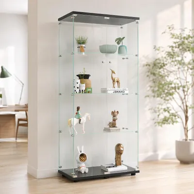 Immagine prodotto di UnboxG Vetrina in vetro nera, 31,7 "x14,3 "x67,7" Vetrina moderna in vetro e legno Vetrina da collezione con 4 ripiani in ESG per oggetti da collezione libri vino, per ufficio soggiorno cucina