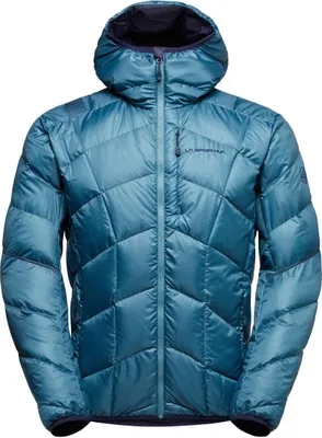 Pinnacle Down Jkt M von La Sportiva in Türkis; isolierende Herrenjacke mit Kapuze und gestepptem Design.