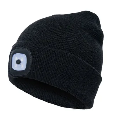 Produktbild von Uni Winter LED Licht leuchtende warme Strickmütze Outdoor Camping Stirnlampenkappe-Schwarz