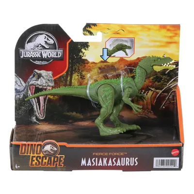 A green Masiakasaurus dinosaur toy is displayed in its packaging, which features a jungle-themed background and Jurassic World branding.