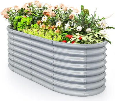 Produktbild von COSTWAY Hochbeet Metall Oval, Pflanzkasten, 165x80x60cm, Frühbeet mit offenem Boden, Wellblech, Blumenbeet wetterfest, Pflanzentrog, Grau