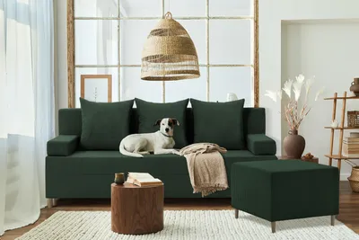 Zdjęcie produktu dla Kanapa z pufą 3w1 FIREZE- Sofa z funkcją spania - Sofa rozkładana z Pojemnikiem - butelkowa zieleń