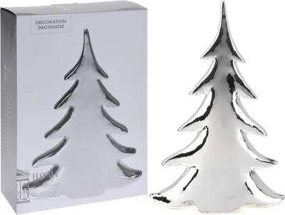 A silver Christmas tree decoration is shown next to its packaging.