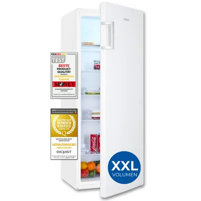 A white refrigerator with its door slightly ajar, displaying its interior and some items. It has several award stickers on the left side and a large blue circle with text on the door.