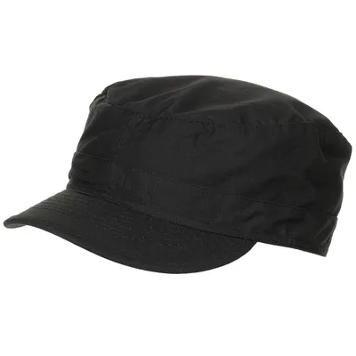 A black military-style cap on a white background.