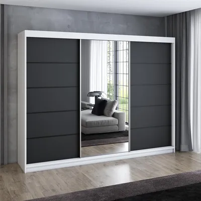 Produktbild von Schwebetürenschrank 200 cm, 3-türig, mit Spiegel & 4 Schubladen, Retro-Stil, Kleiderschrank VILUNO 2 in  Weiß / Schwarz /Schwarz