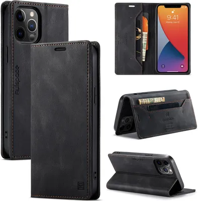 Obrázek produktu pro iPhone 12 / 12 Pro Wallet Case, retroPolyuretankožené pouzdro Stand Protective Case pro iPhone 12 / iPhone 12 Pro Black
