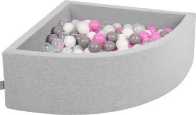 Zdjęcie produktu dla KiddyMoon suchy basen trójkątny z piłeczkami 7cm jasnoszary: transparent-szary-biały-róż-mięta 90x30cm/200piłek zabawka basen piankowy
