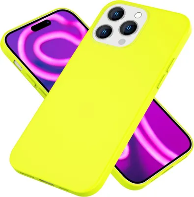 Two neon yellow iPhone cases are shown diagonally against a white background. The screens of the phones inside the cases display a purple neon swirl.