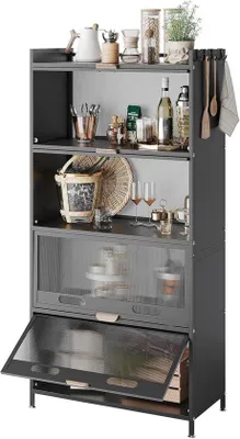 Produktbild von Küchenregal mit 5 Schubladen, Rädern und Füßen - Vintage schwarz mit sichtbaren Türen, Magnetronkast