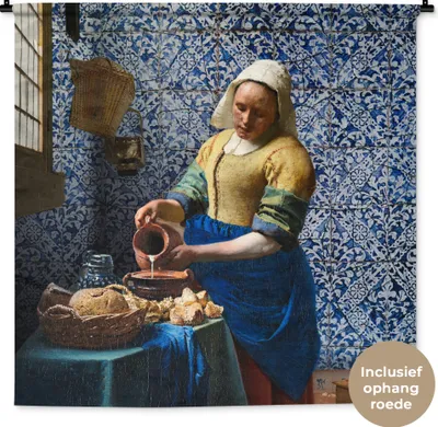 Produktbild von MuchoWow® Wandteppich Wandbehang Milchmädchen - Delfter Blau - Vermeer - Gemälde - Alte Meister 150x150 cm Tapisserie Dekoration Wandtuch - Wohnaccessoires - Modernes