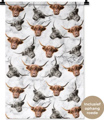 Produktbild von MuchoWow® Wandteppich Wandbehang Schottisches Hochlandrind - Marmor - Muster 60x90 cm Tapisserie Dekoration Wandtuch - Foto-Teppich - Abwaschbar