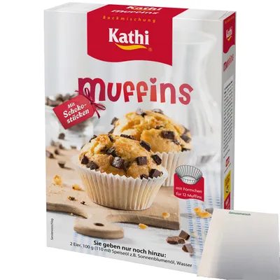 Produktbild von Kathi Backmischung für Muffins mit Schokoladenstückchen (360g Packung) + usy Block