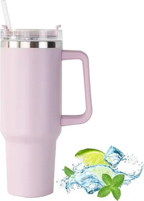 Produktbild von Famanu Thermobecher mit Strohhalm und Griff - Lichtrosa