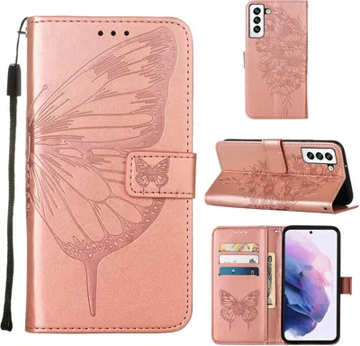 Produktbild von Galaxy S23 Hülle, Schmetterling Prägung Flip Leder Kartenfächer Schutzhülle Ledertasche mit Ständer für Samsung Galaxy S23 Roségold