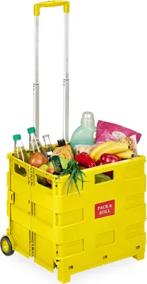 Obrázek produktu pro Nákupní vozík Relaxdays, skládací vozík s kolečky a teleskopickou rukojetí, nosnost až 35 kg, skládací pomůcka na nákupy, vozík na kolečkách, žlutý