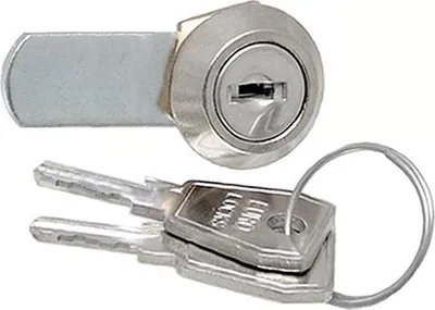 A product shot of a cabinet lock and two keys.