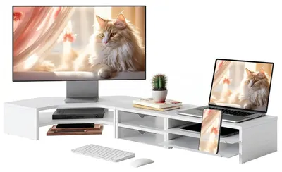 Immagine prodotto di Supporto per monitor bianco, modulare 3 in 1, con cassetti e ripiani
