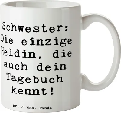 Produktbild von Mr. & Mrs. Panda Trinkbecher Spruch Schwester Heldin - Weiß - Geschenk, Geburtstage, Familie, Becher, Verwandte, Teetasse, Tasse, Geschwisterliebe, Kaffeebecher, Liebe