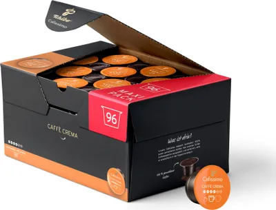 Zdjęcie produktu dla Pudełko do przechowywania kapsułek Tchibo Cafissimo Caffè Crema z kawą o pełnym smaku, 96 sztuk (kawa zrównoważona i o pełnym smaku), zrównoważony i sprawiedliwy handel