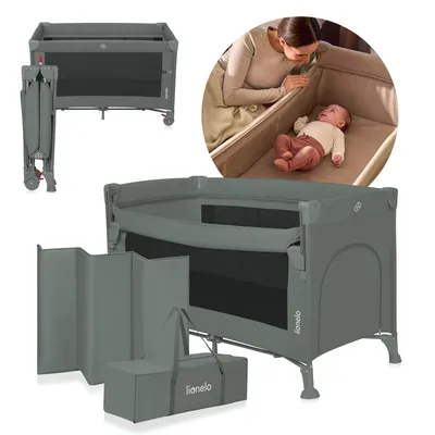 A collage of images showing a gray baby travel cot, its accessories, and a mother interacting with a baby in a similar cot.
