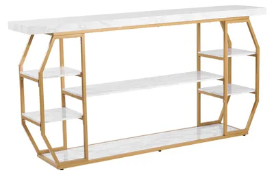 Immagine prodotto di SucceBuy Tavolino da ingresso moderno in marmo, a 3 ripiani (180 x 35 x 91 cm) con ripiano aperto, design color oro con robusti tubi in ferro, sistema antiribaltamento e rinforzo triangolare