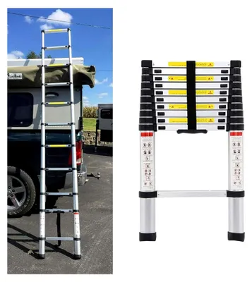 Produktbild von Teleskopleiter aus Aluminium, ausziehbar, 150 kg Tragfähigkeit, tragbar, leicht, zusammenklappbar, mit rutschfesten Gummifüßen, EN131-, Mehrzweckleiter