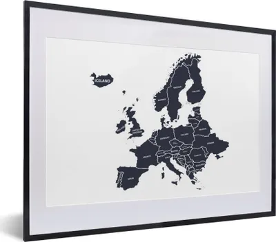 Produktbild von MuchoWow® MuchoWow® Gerahmtes Poster Karte - Europa - Blau 40x30 cm - Poster mit zchwarzem Bilderrahmen - Bilderrahmen - Poster im Rahmen